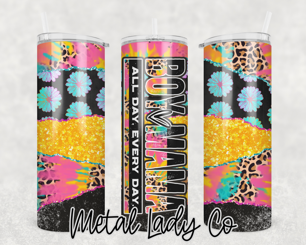 Handmade 20oz tumbler with “Boy Mama” text, leopard print, glitter, neon tie-dye accents, and teal daisy flowers. Crafted by Metal Lady Co using sublimation.
