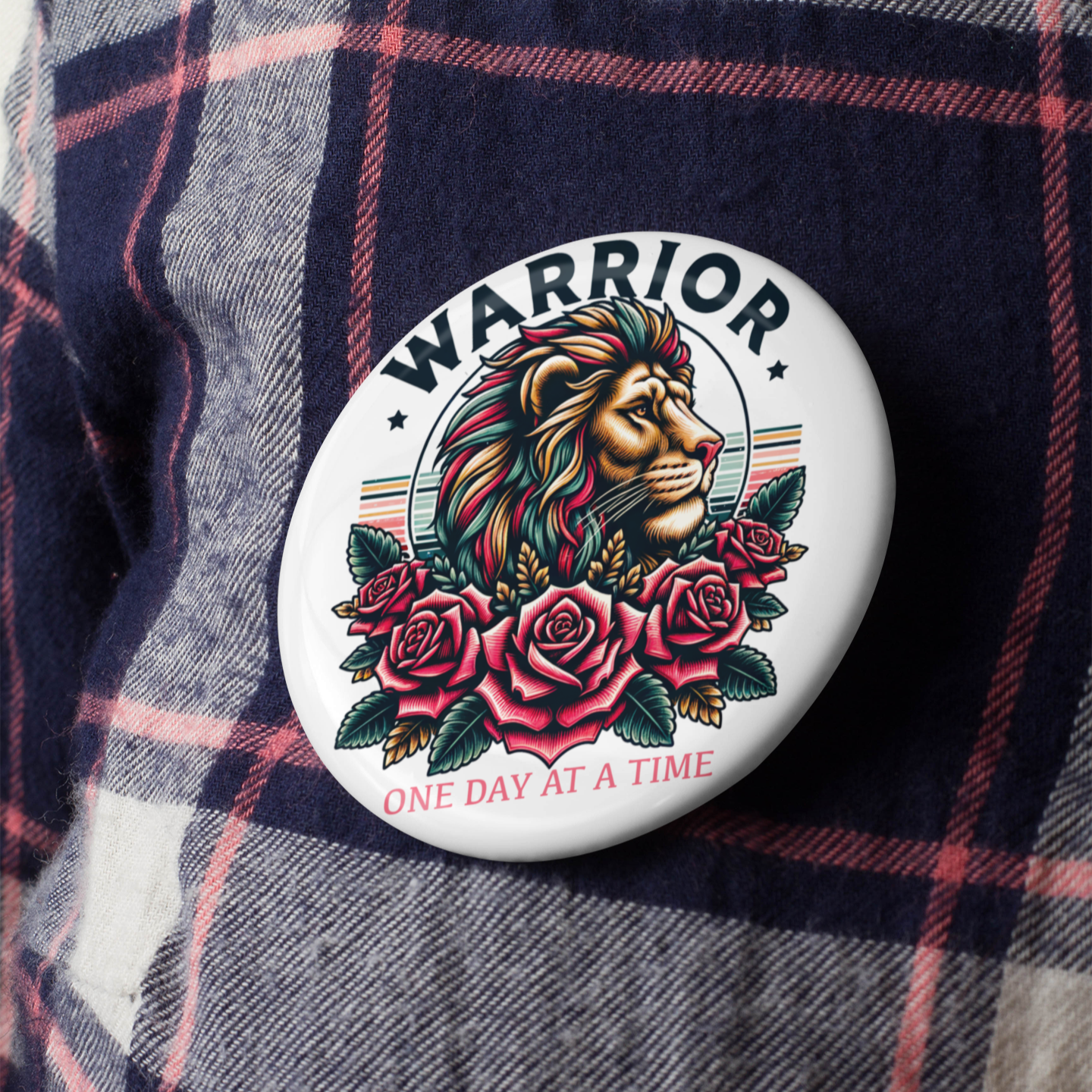 Button with lion and roses design on a plaid shirt